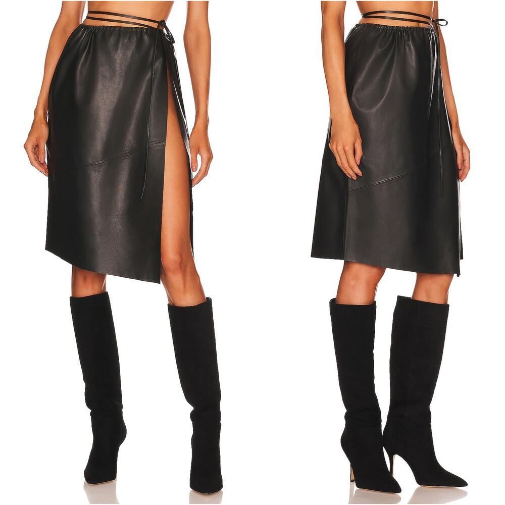 Lamarque Lamb Leather Skirt Large Black Marissa Wrap Tie Slit Quiet Luxury